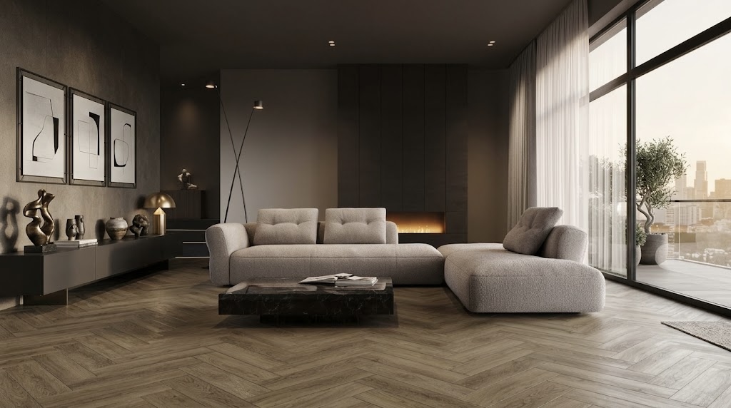 Коричневая пвх-плитка в укладке «ёлочкой» в гостинной